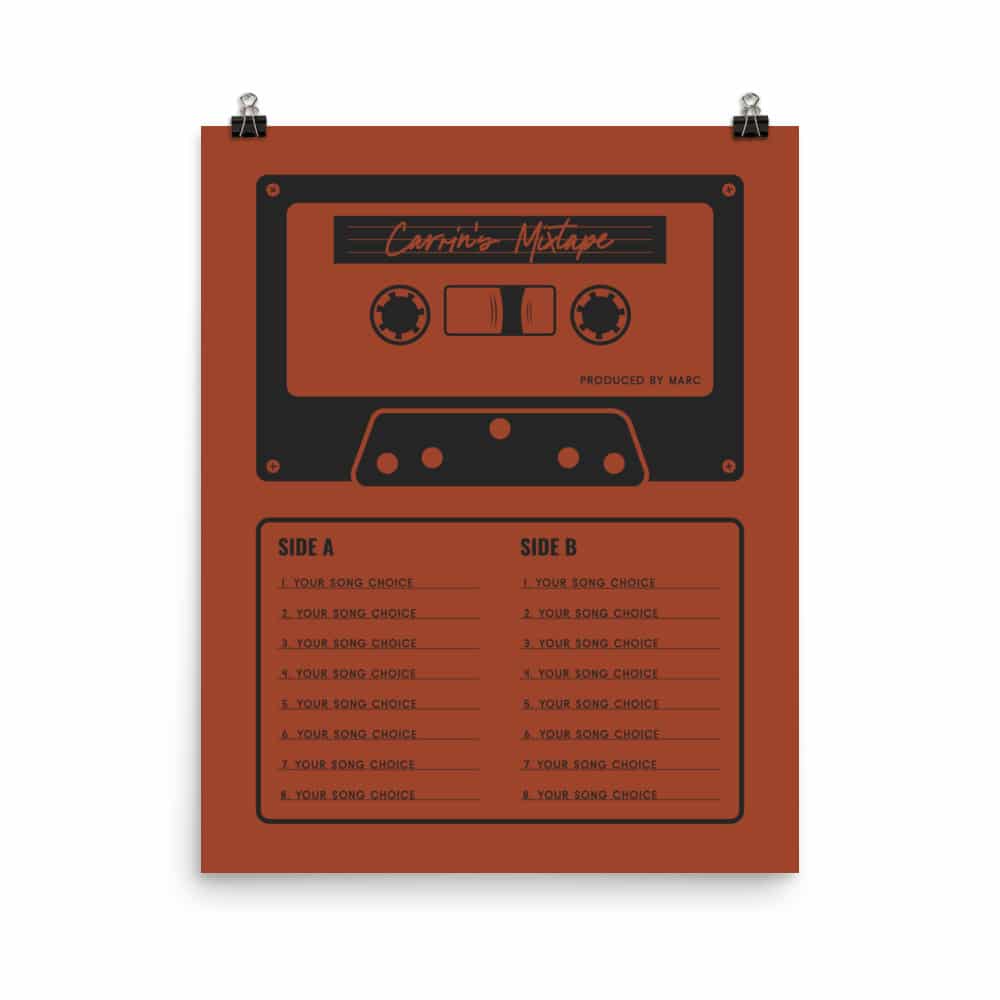 Custom Mixtape Poster, Retro Cassette Tape Print, Red