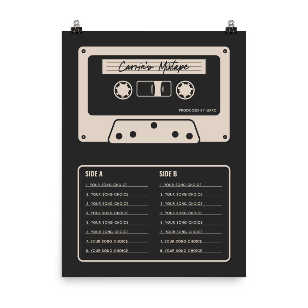 Custom Mixtape Poster, Retro Cassette Tape Print, Black