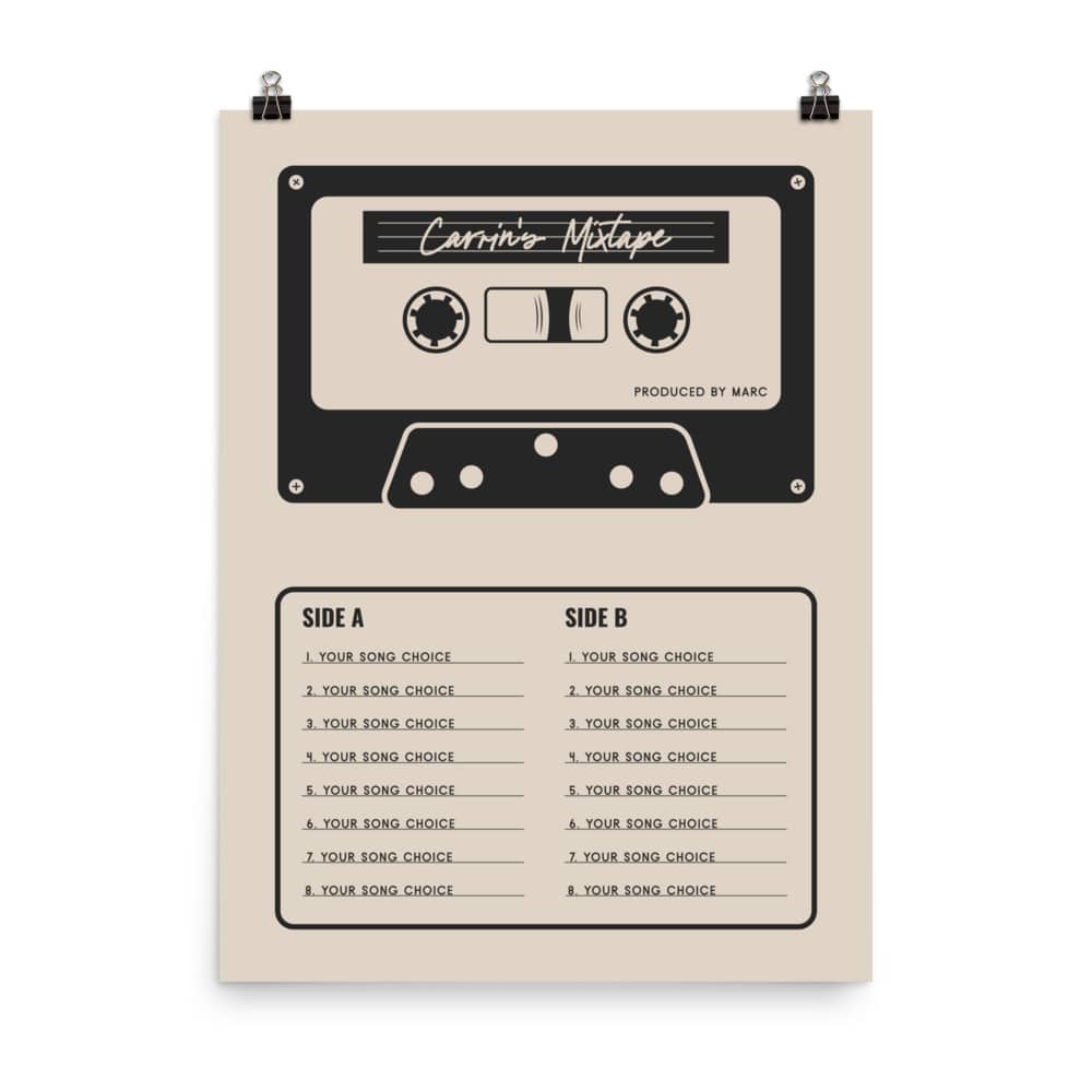Custom Mixtape Poster, Retro Cassette Tape Print, Cream
