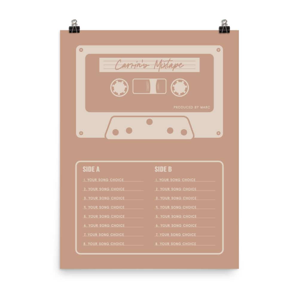 Custom Mixtape Poster, Retro Cassette Tape Print, Pink