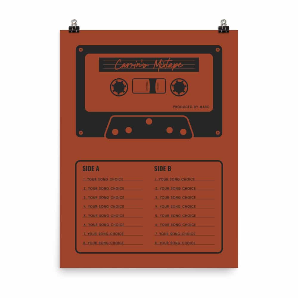 Custom Mixtape Poster, Retro Cassette Tape Print, Red