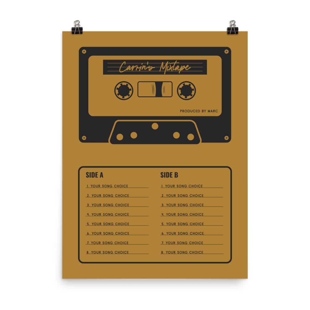 Custom Mixtape Poster, Retro Cassette Tape Print, Yellow
