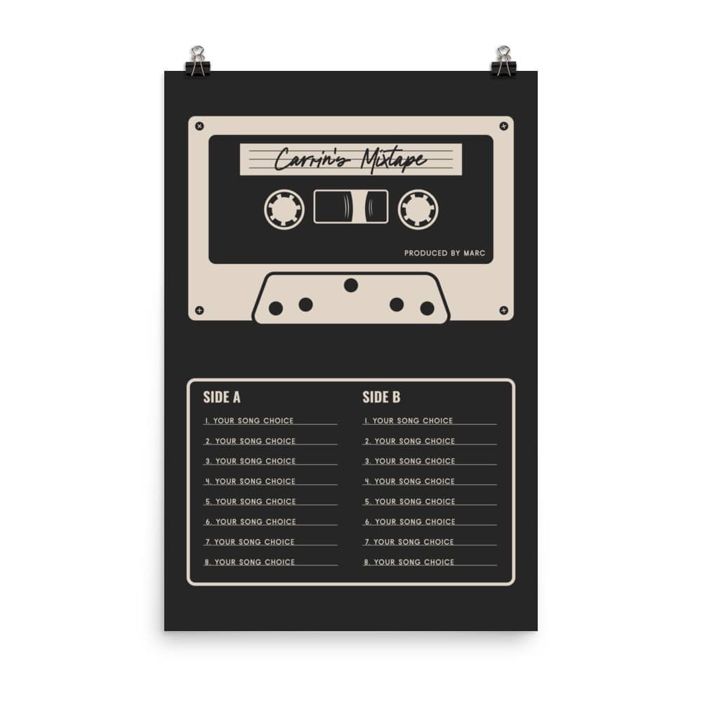 Custom Mixtape Poster, Retro Cassette Tape Print, Black