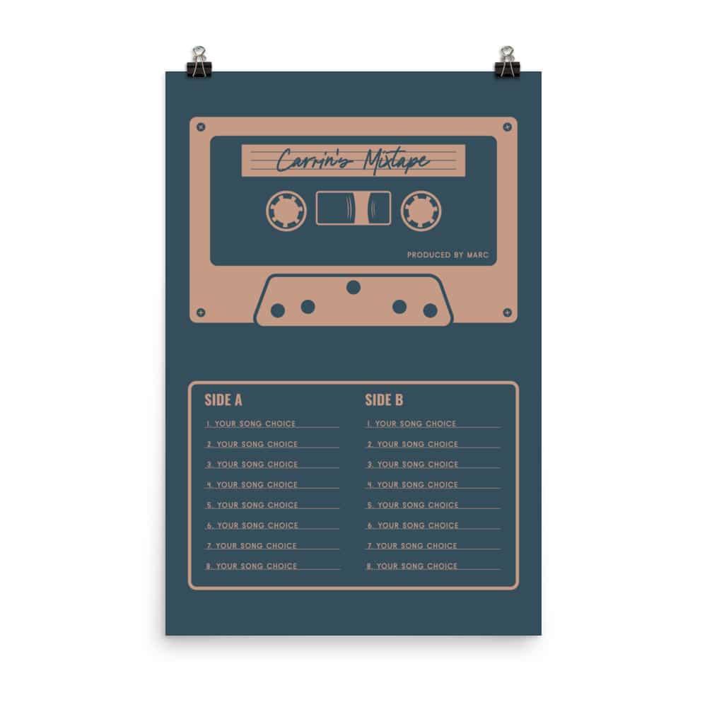 Custom Mixtape Poster, Retro Cassette Tape Print, Blue
