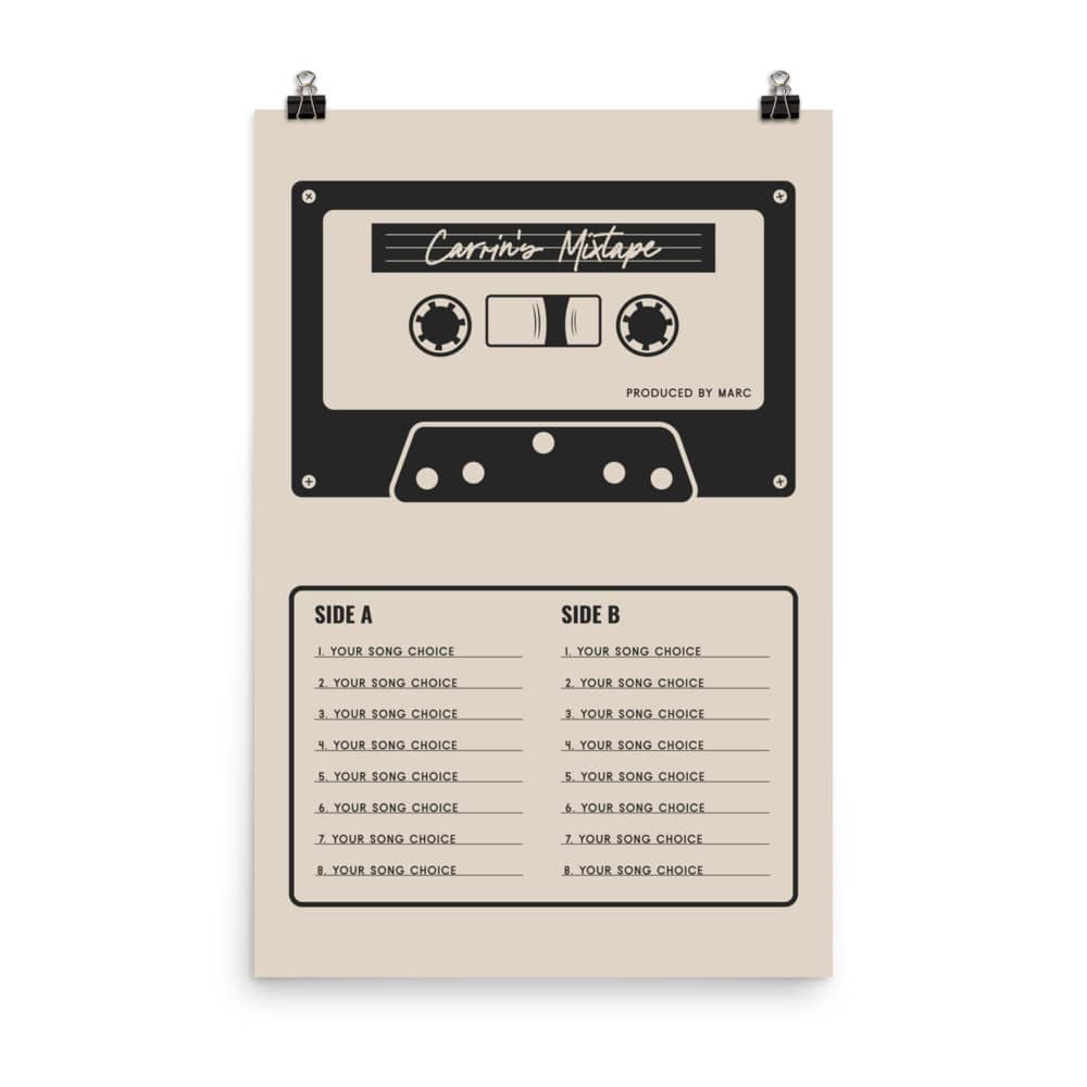 Custom Mixtape Poster, Retro Cassette Tape Print, Cream