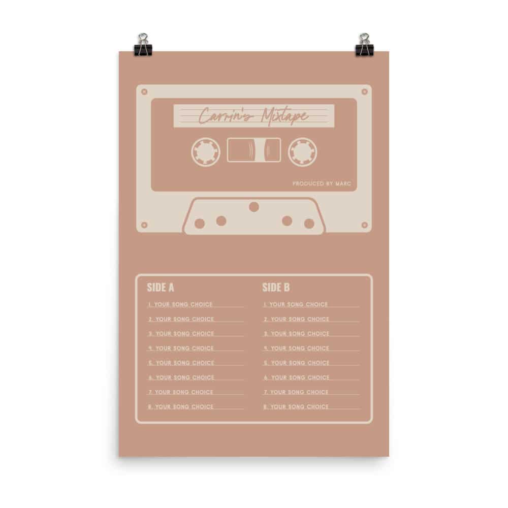 Custom Mixtape Poster, Retro Cassette Tape Print, Pink