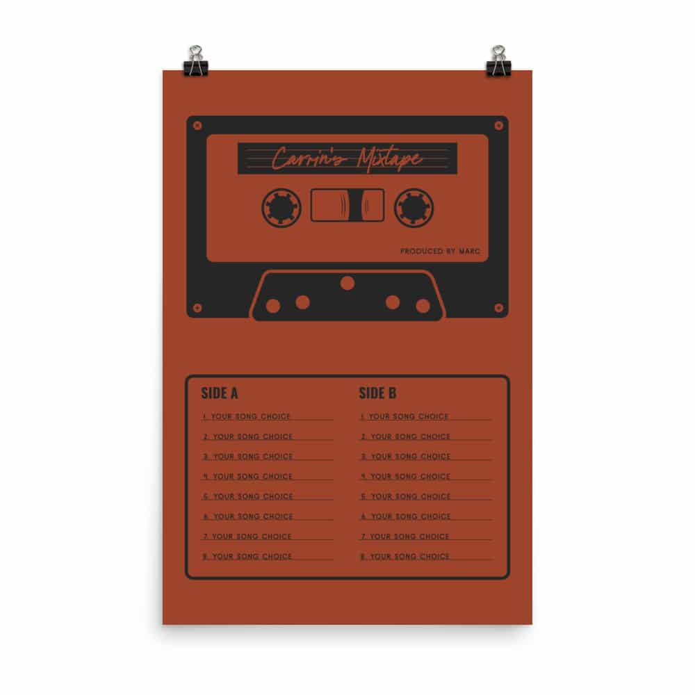 Custom Mixtape Poster, Retro Cassette Tape Print, Red