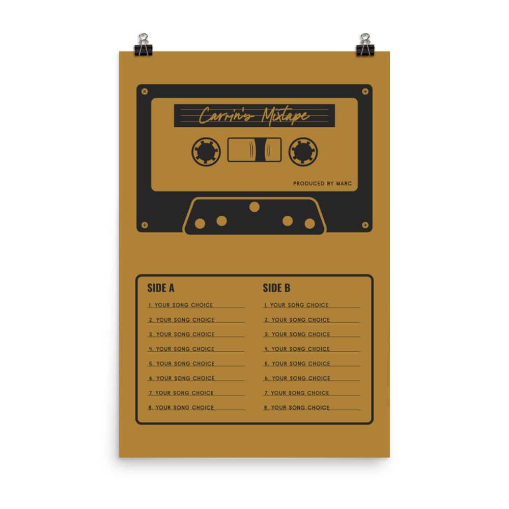 Custom Mixtape Poster, Retro Cassette Tape Print, Yellow